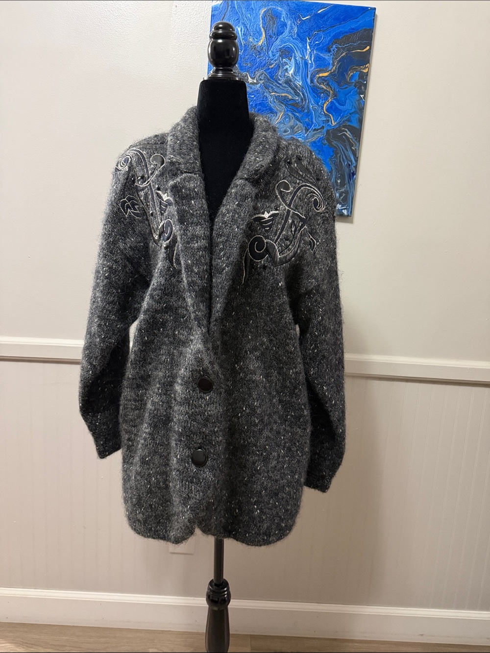 IB Diffusion wool coat Embroidered Shawl Collar Charcoal Knit Coatigan for 👨
